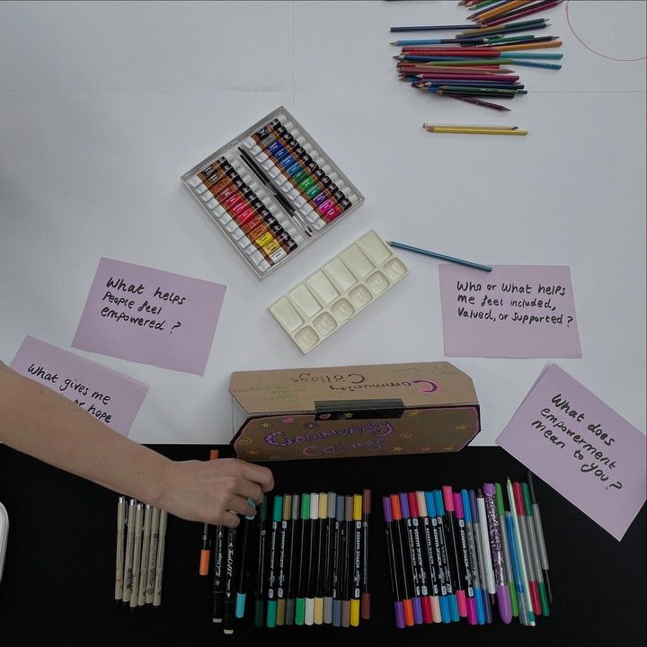 Art materials and prompt cards laid out on a table